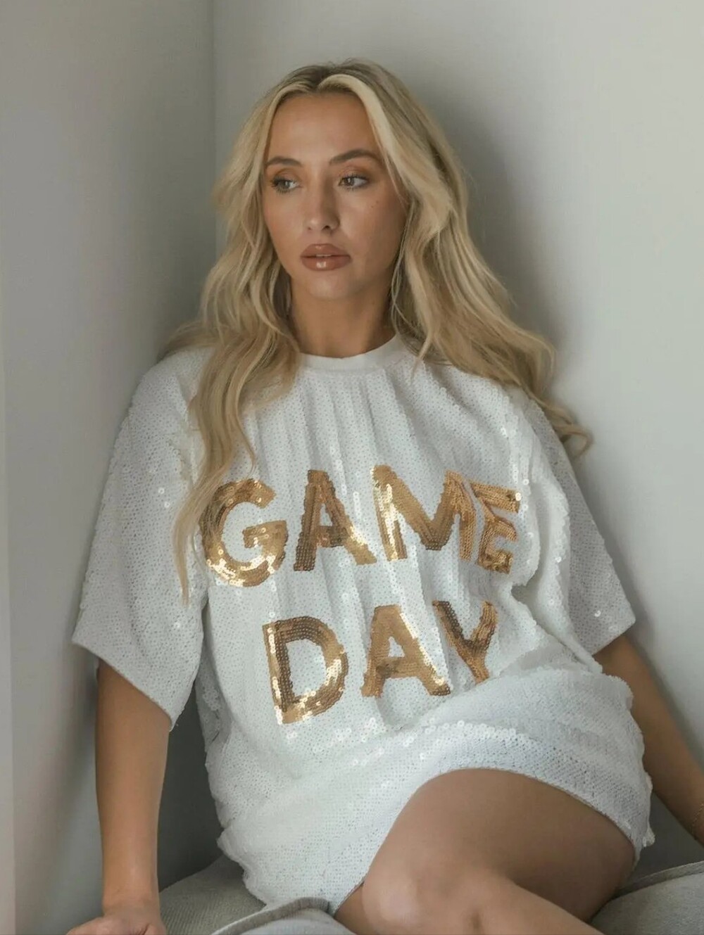 Impressions White Sequin 'GAME DAY' Mini Dress with Gold Lettering - Picture 3 of 3